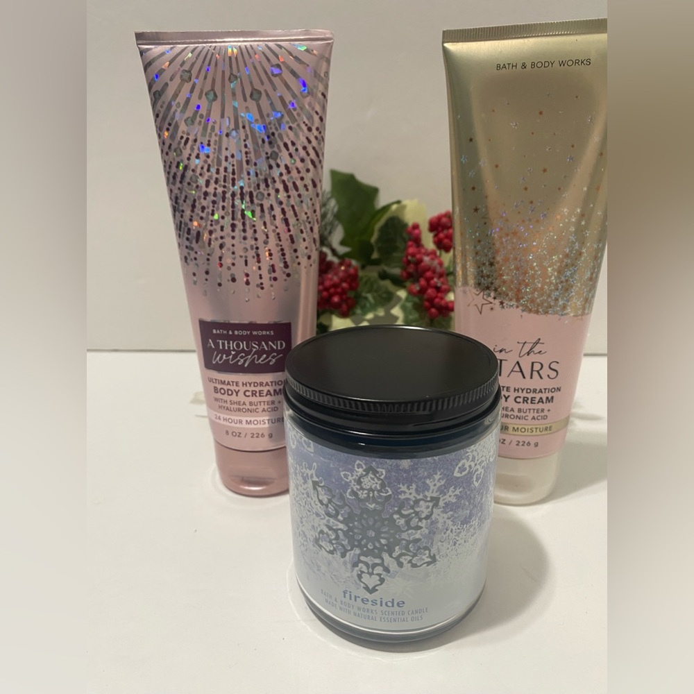 BATH & BODY WORKS In The STARS & A Thousand Wishes Body Cream, and Fireside cand